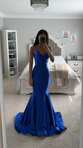 Long Navy Blue Satin Mermaid Forma/Prom Dress Off The Shoulder – Pgmdress